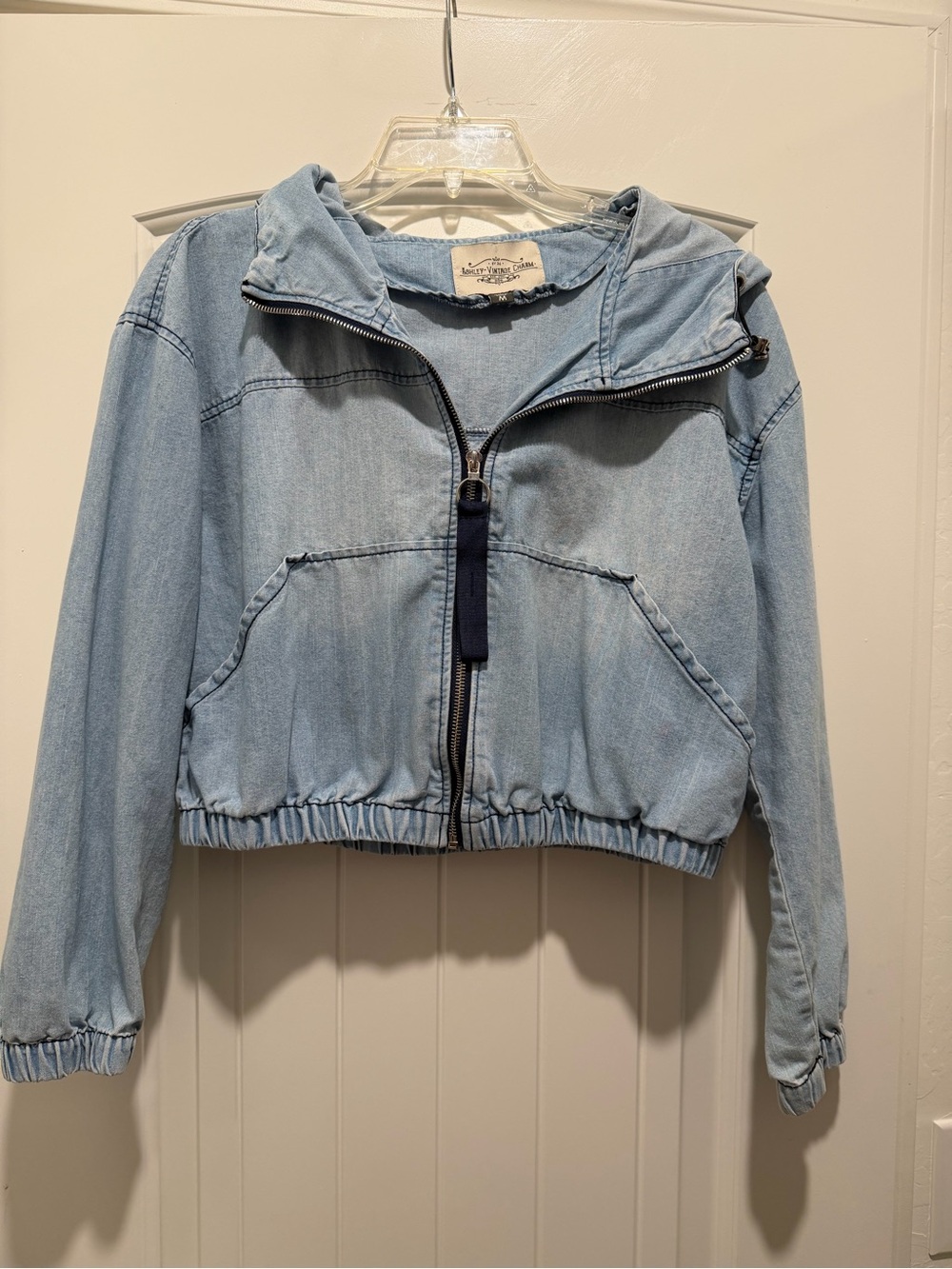 Ashley Vintage Charm Medium Hooded Zip Up Crop Denim Jacket